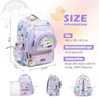 16 Inch Girls Backpack for Preschool Kindergarten Elementary School, Multi Pocket Purple School Backpack Lightweight Kawaii - color: Cute Yellow Duck