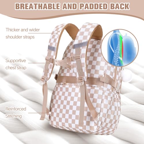 Bevalsa Backpack for Girls 3PCS Teen Girls Backpack for School with Lunch Bag Pencil Case Khaki Cute Kids Laptop Backpacks Bookbag for Elementary Middle High School College Student (Checkerboard) - color: Khaki Checkerboard