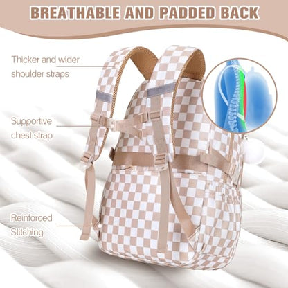 Bevalsa Backpack for Girls 3PCS Teen Girls Backpack for School with Lunch Bag Pencil Case Khaki Cute Kids Laptop Backpacks Bookbag for Elementary Middle High School College Student (Checkerboard) - color: Khaki Checkerboard