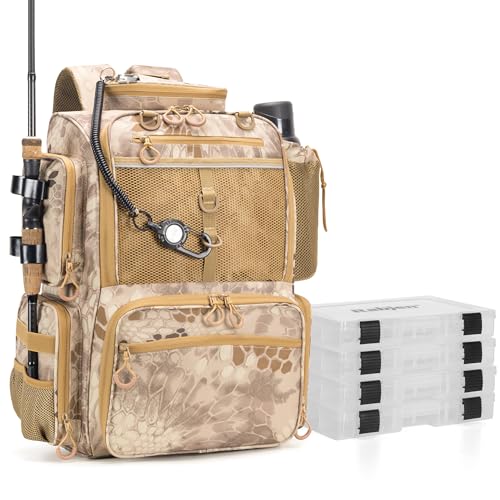 Rabjen Fishing Tackle Backpack with Rod Holders, Bottle Holder, Storage Bag Store Fishing Gear - color: Camouflage Khaki
