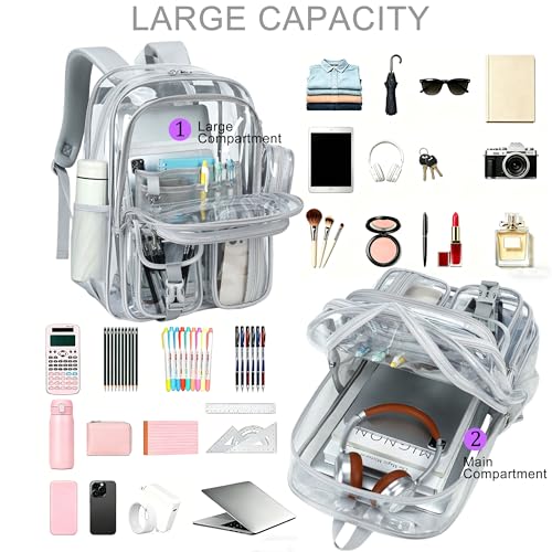 Clear Backpack for School,18 Inch Extra Large Heavy Duty Bookbag for Girls and Boys,Durable See Through PVC Transparent School Backpack for TravelGrey - color: Grey