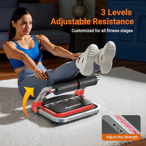 MERACH Ab Machine, Sit Up Exercise Equipment with 3 Adjustable Resistance Levels, Automatic Rebound Ab Crunch Machine for Core Workout, Ab Workout Equipment for Stomach - style: Square(Red)