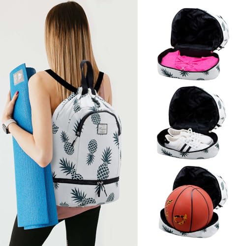 Kamo Drawstring Backpack Bag - Sport Swimming Yoga Backpack with Shoe Compartment, Two Water Bottle Holder for Men Women Large String Backpack Athletic Sackpack for Travel - color: Green Pineapple