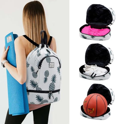 Kamo Drawstring Backpack Bag - Sport Swimming Yoga Backpack with Shoe Compartment, Two Water Bottle Holder for Men Women Large String Backpack Athletic Sackpack for Travel - color: Green Pineapple