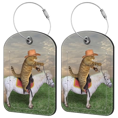 2 Pack Cute Luggage Tag for Suitcases Cat Cowboy Leather Luggage Tags with Stainless Steel Loop Privacy Flap Name Tags,Men and Women Travel Bag Suitcase Tags - color: Cat Cowboy