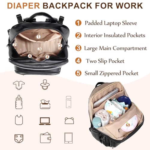 VASCHY Diaper Bag Backpack for Mum Dad, Unisex Large Waterproof Vegan Leather Baby Bag with Changing Pad,Insulated Pockets,Padded Laptop Sleeve for Travel,Black - color: Black