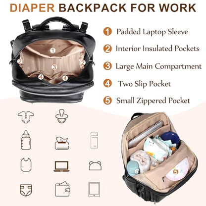 VASCHY Diaper Bag Backpack for Mum Dad, Unisex Large Waterproof Vegan Leather Baby Bag with Changing Pad,Insulated Pockets,Padded Laptop Sleeve for Travel,Black - color: Black