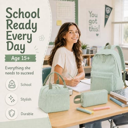 BTOOP School Backpacks for Teen Girls Bookbags Lightweight Kids Backpack School Bags Set with Lunch Box Pencil Case - color: Green White Stripe