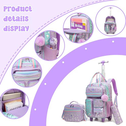 Kids Rolling Backpack with Wheels for Girls Roller Travel Luggage Kids Carry on School Backpack for Girls Ages 6-8 Purple - color: A Purple Love