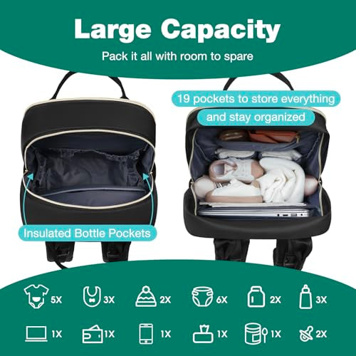 MOMUVO Diaper Bag Backpack, Quilted Baby Bag with Changing Pad and Stroller Straps, Dark Black - color: Dark Black