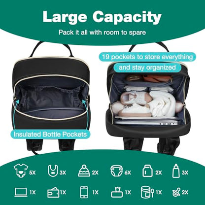 MOMUVO Diaper Bag Backpack, Quilted Baby Bag with Changing Pad and Stroller Straps, Dark Black - color: Dark Black