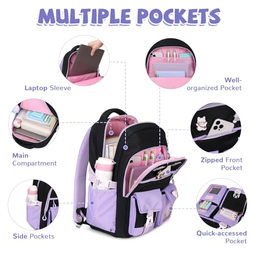 Girls Backpack, Lightweight Kids Backpack Kawaii School Backpacks Bookbag for Primary Elementary School,Age 6-14 years,Green Match Purple(Luggage Strap Ver) - color: 1pc-black & Purple(luggage Strap Ver)