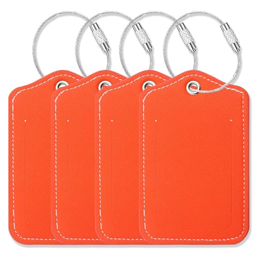 Luggage Tags for Suitcases-Leather Luggage Tag 4 Pack with Loops Cute Bag/Backpack/Suitcase Tags Travel Essentials for Flying (Orange) - color: Orange
