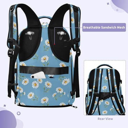 Travel Backpack with Shoe Compartment, 20L Large Capacity Laptop Backpack for Men Women, Daisies Blue Daypack for Traveling Hiking Carry On