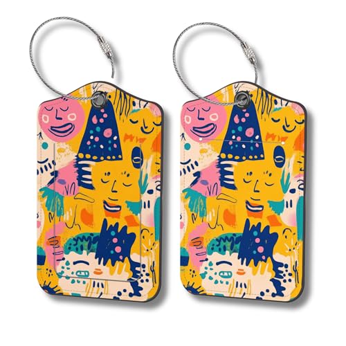 Luggage Tags for Suitcases, 2-Pack PU Leather for Cruise & Travel, Baggage ID Tags with Privacy Cover & Address Card, Durable Metal Ring, Kids Adults Travel Accessories, Abstract Joy Faces - color: Abstract Joy Faces