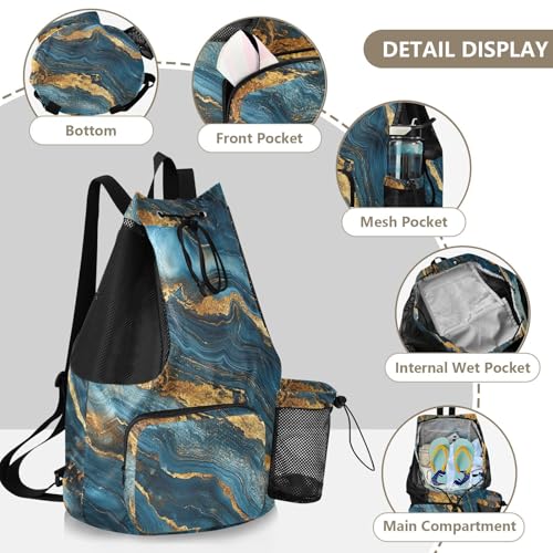Drawstring Gym Bags Gym Sackpack With Inside Pockets String Back Pack Wet and Dry Separation Blue and Gold Marble Texture - color: Color 24