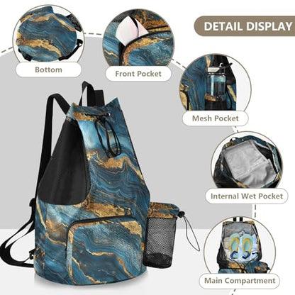 Drawstring Gym Bags Gym Sackpack With Inside Pockets String Back Pack Wet and Dry Separation Blue and Gold Marble Texture - color: Color 24