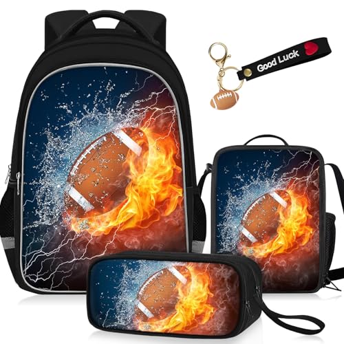 School Backpack for Boys - 4pcs Ameriacn Football Boys Backpack with Lunch Box and Pencil Case for Kids Children Teens Elementary Middle School - Students Bag for Ages 6-18,17″Bookbag Travel Back Pack - color: American Football-02-backpack Set
