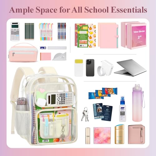 PACKISM Clear Backpack for School - 17 inch Large Heavy Duty Bookbag, Reinforced See Through PVC Transparent Backpack - color: Light Beige, style: Daypack Backpacks