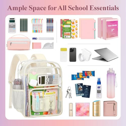 PACKISM Clear Backpack for School - 17 inch Large Heavy Duty Bookbag, Reinforced See Through PVC Transparent Backpack - color: Light Beige, style: Daypack Backpacks