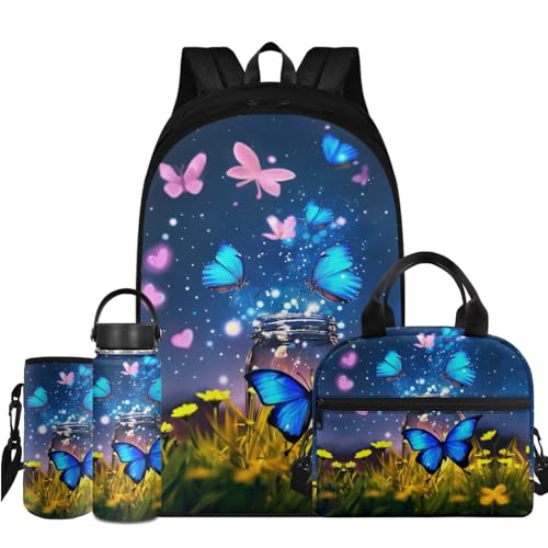 Flashideas Butterfly Backpack for Girls Kids Backpack with Lunch Box Stainless Steel Water Bottle and Water Bottle Holder with Strap 4Pcs Set 17" Elementary Bookbag with Compartments Sturdy School Bag - color: Butterfly