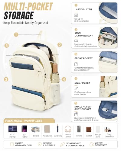 BJLFS Beige School Backpack Women, Unisex Lightweight Backpack School Bag Water-resistant Casual Rucksack fits 14 inch Laptop for Boys Girls Men and Women Bookbag College Daypack for Teenage - color: A1-beige