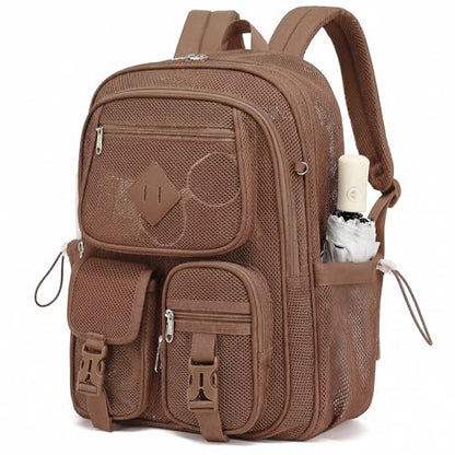 Mesh Backpack for Girls Boys, Women Mesh Bookbags Heavy Duty Semi-Transparent School Bag Net Back Pack for Travel, Beach, Swimming, Work - Coffee - color: Coffee