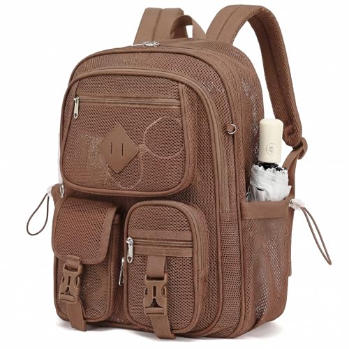 Mesh Backpack for Girls Boys, Women Mesh Bookbags Heavy Duty Semi-Transparent School Bag Net Back Pack for Travel, Beach, Swimming, Work - Coffee - color: Coffee