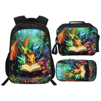 Dragon Backpack Kids Bookbag 16inch Schoolbag With Lunch Box Bag And Pencil Case Set For Boys Girls - color: Dragon
