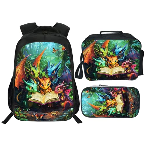 Dragon Backpack Kids Bookbag 16inch Schoolbag With Lunch Box Bag And Pencil Case Set For Boys Girls - color: Dragon