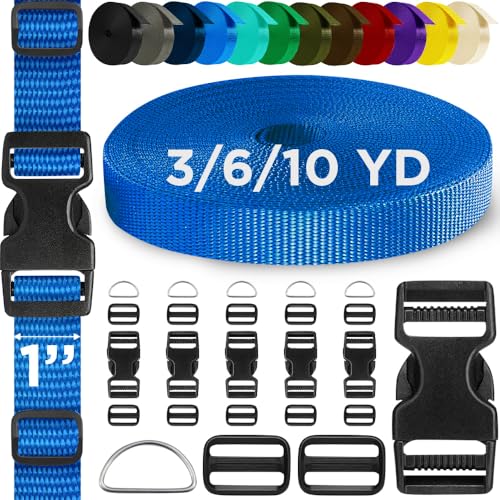 TECEUM Buckles & Strap Kit – 1" Simple Blue Nylon Webbing 6 (yd) – 6 Heavy Duty Adjustable Plastic Buckles – 12 Tri-Glide Slide Clips – 6 Metal D-Ring – Ideal Straps for Arts Crafts Outdoors DIY - color: Simple Blue, size: 1" - 6 yards, style: 6 Buckle -