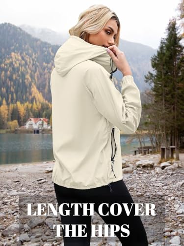 PITINAN Lightweight Rain Jacket Women Packable Wind Breaker Light Rain Jacket Women Waterproof Travel Raincoat S-XXL - color: Beige, size: Large
