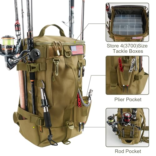 Fishing Tackle Backpack with Rod Holders – Large-Capacity Gear Organizer Tackle Box Storage, Rod Carrier Bag for Outdoor Angling Equipment
