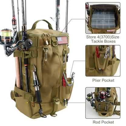 Fishing Tackle Backpack with Rod Holders – Large-Capacity Gear Organizer Tackle Box Storage, Rod Carrier Bag for Outdoor Angling Equipment