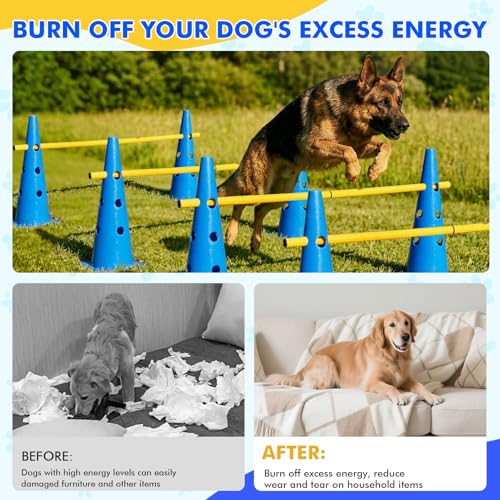 Wdmiya 18.9" Dog Agility Training Hurdle Cone Set, Dog Agility Course Backyard Set with Height Adjustable Crossbar, Dog Agility Equipment for Obedience, Rehabilitation, Starter - 12 Cones & 6 Poles