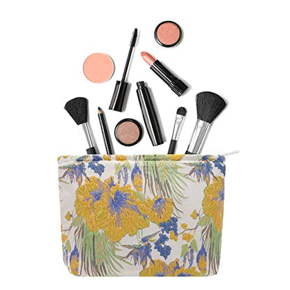 Makeup Bags for Purse Zipper Cosmetic Pouch Large Travel Canvas Make Up Organizer Tool Pouch for Women and Girls,Brocade Flower Yellow - color: Brocade Flower Yellow