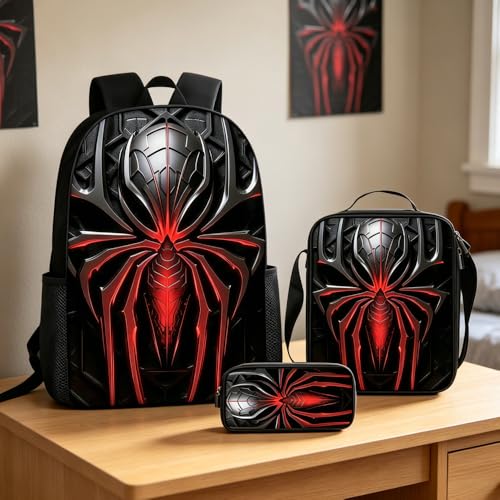 3 in 1 Spider Pattern, 17'' Large-Capacity Backpack Set With a Fashionable and Personalized Style is Exquisitely Designed and Widely Applicable, Making it an Ideal Choice(Black)