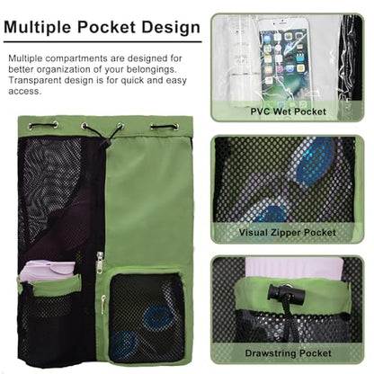 Mesh Beach Backpack with Wet Pocket Drawstring Pool Bag Waterproof Swimming Bag Gym Backpack for Men & Women - color: Green