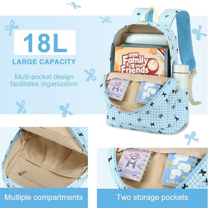 LEDAOU Kids Backpack for Girls Backpacks with Lunch Box, Lightweight Bookbag Set Elementary Middle School Back pack for 8-14 - color: Blue Bow