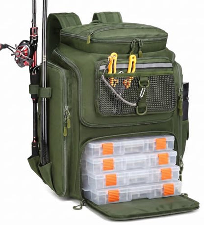 HAMBOLY Fishing Backpack 45L with Rod Holders, Water-Resistant Tackle Backpack for Fishermen, Large Capacity Fishing Gear Bag for Travel Hiking Camping - color: Army Green (4 Tackle Boxes Included)