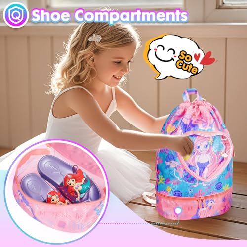 Drawstring Backpack for Kids Girls, Cute Cartoon Mermaid Waterproof Drawstring Bag String Swim Gym Sports Beach Bag with Shoes Compartment and Wet Proof Pocket - color: J07. Mermaid