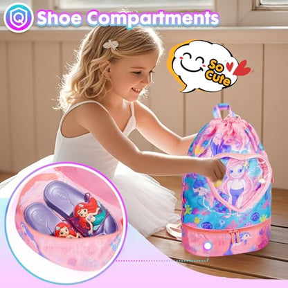 Drawstring Backpack for Kids Girls, Cute Cartoon Mermaid Waterproof Drawstring Bag String Swim Gym Sports Beach Bag with Shoes Compartment and Wet Proof Pocket - color: J07. Mermaid