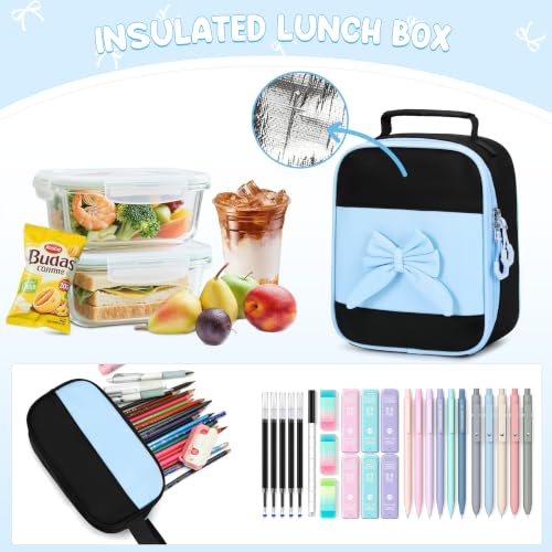 Kids Backpack for Girls, 3PCS School Backpack Set with Insulated Lunch Box & Pencil Case, Waterproof Lightweight Bookbag for Elementary & Middle School, Cute Bow Travel Daypack Black-Blue - color: Black-blue