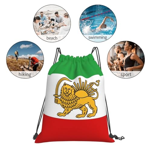 Emblem Of Iran Lion And Sun Flag Of Iran Striped Drawstring Bag Sport Gym Backpack Beach Travel Sack Draw String Yoga Bag For Men Women - color: Emblem of Iran Lion and Sun Flag of Iran Striped