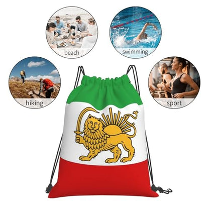 Emblem Of Iran Lion And Sun Flag Of Iran Striped Drawstring Bag Sport Gym Backpack Beach Travel Sack Draw String Yoga Bag For Men Women - color: Emblem of Iran Lion and Sun Flag of Iran Striped