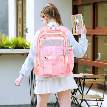 gxtvo 3PCS Transparent Backpack for Girls Heavy-Duty Set for Women & Teen, 17" Pink Clear Bookbag with Rainbow Strap, Sweet Bow See Through School Bag - color: Pink Elegant Bow Clear Backpack Set