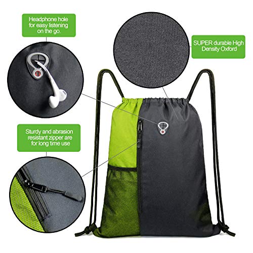 BeeGreen Lime Gym Bag Drawstring Backpack for Women Sports Backpack Workout Bag With 2 Water Bottle Mesh Pockets And Two Zipper Pockets - color: Black/Lime, style: Drawstring With Mesh Pocket
