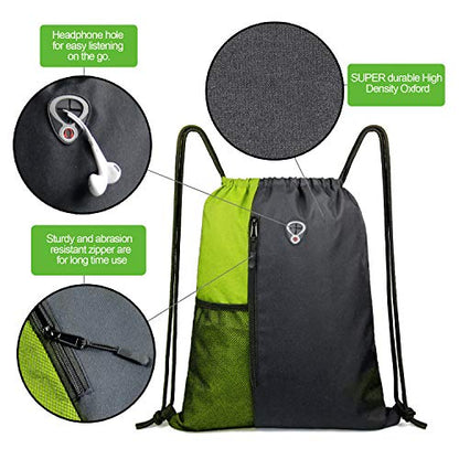 BeeGreen Lime Gym Bag Drawstring Backpack for Women Sports Backpack Workout Bag With 2 Water Bottle Mesh Pockets And Two Zipper Pockets - color: Black/Lime, style: Drawstring With Mesh Pocket