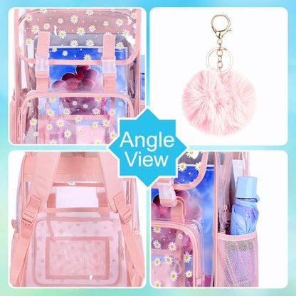 3PCS Pink Clear Backpack, Heavy Duty Transparent Bookbag for Girls Women, Stadium Approved See Through Backpack with Lunch Box (Pink Daisy) - color: Pink Daisy