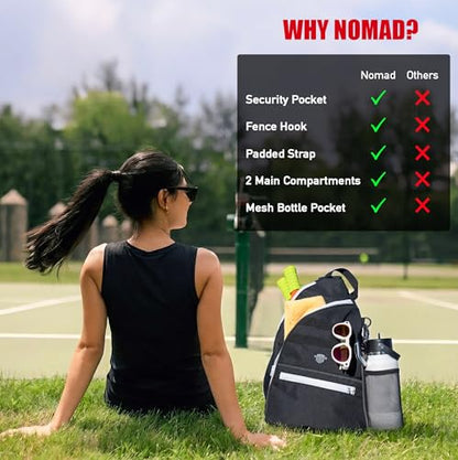 Nomad USA Pickleball Bag for Men & Women,10L Sports Bag Pickleball Backpack w/Fence Hook, Safety Pockets, 3 Compartments, Adjustable Sling Bag for Shoe,Gear,Equipment,Paddles,Balls,Accessories